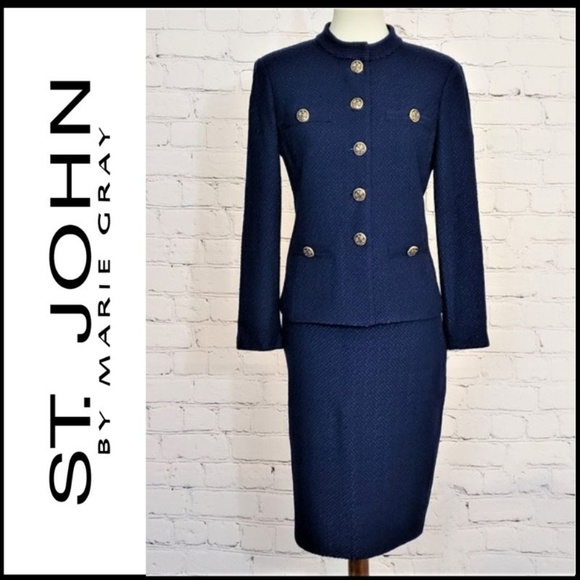 St. John Dresses & Skirts - SOLD! ST JOHN Micro Boucle Knit Suit, Logo Buttons